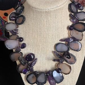 Amy Kahn Russel quartz slices amethyst & shell beads Sterling silver necklace